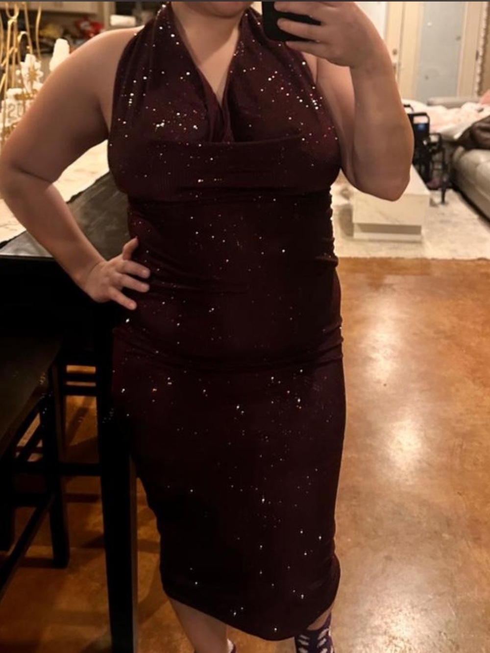 Cowl Neck Burgundy Rhinestone Midi Dress - Picture 7 of 8